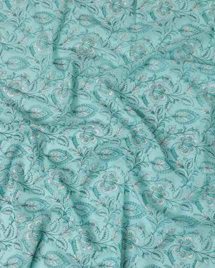 Aqua Elegance Embroidered Cotton Lawn Fabric - Tranquil Blue with White Florals, 110cm Width-D18753