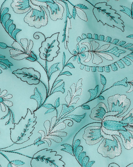 Aqua Elegance Embroidered Cotton Lawn Fabric - Tranquil Blue with White Florals, 110cm Width-D18753