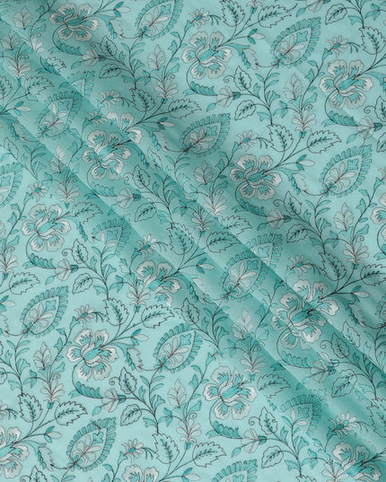 Aqua Elegance Embroidered Cotton Lawn Fabric - Tranquil Blue with White Florals, 110cm Width-D18753