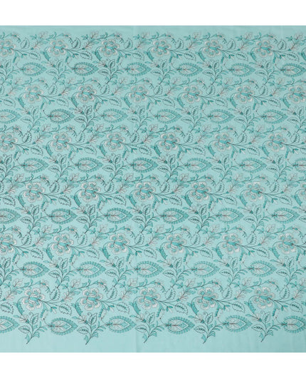 Aqua Elegance Embroidered Cotton Lawn Fabric - Tranquil Blue with White Florals, 110cm Width-D18753