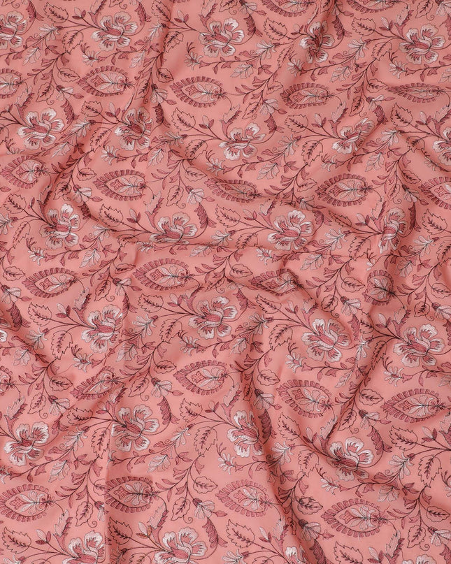 Coral Charm Embroidered Cotton Lawn Fabric - Warm Coral with White Florals, 110cm Width-D18754