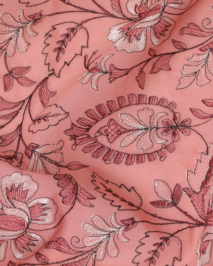 Coral Charm Embroidered Cotton Lawn Fabric - Warm Coral with White Florals, 110cm Width-D18754