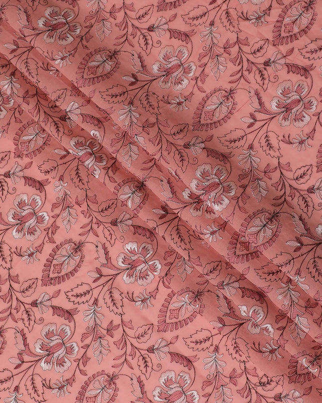 Coral Charm Embroidered Cotton Lawn Fabric - Warm Coral with White Florals, 110cm Width-D18754