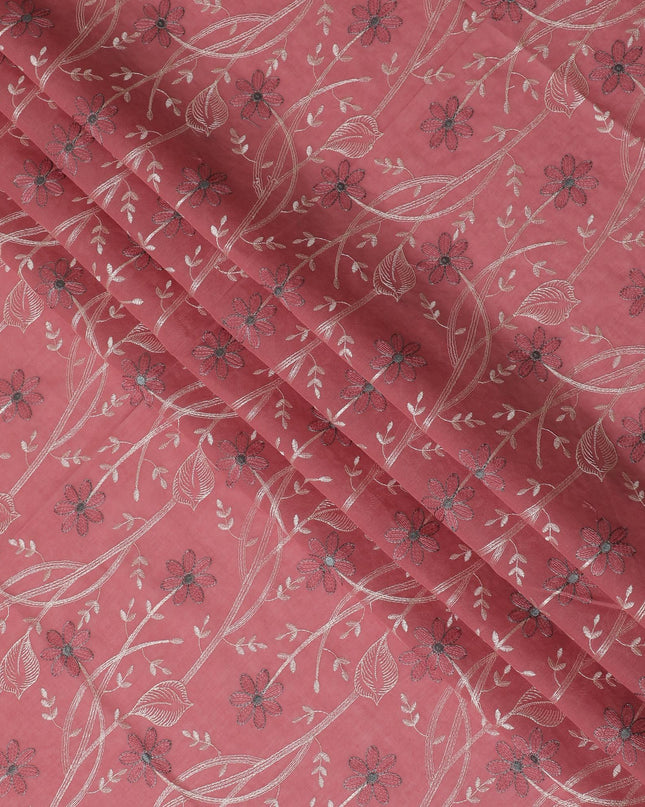 Rosewood Breeze Embroidered Cotton Lawn Fabric - Dusty Rose with Silver Floral Patterns, 110cm Width-D18755