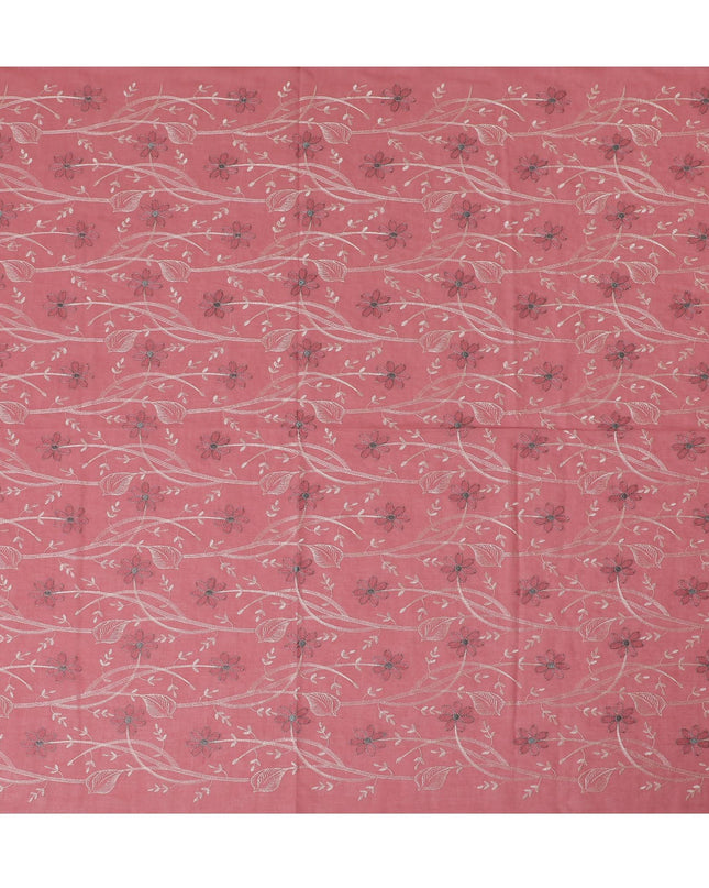 Rosewood Breeze Embroidered Cotton Lawn Fabric - Dusty Rose with Silver Floral Patterns, 110cm Width-D18755