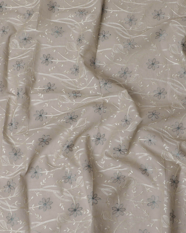 Silvery Moonlight Embroidered Cotton Lawn Fabric - Ethereal Grey with Blue Florals, 110cm Width-D18756