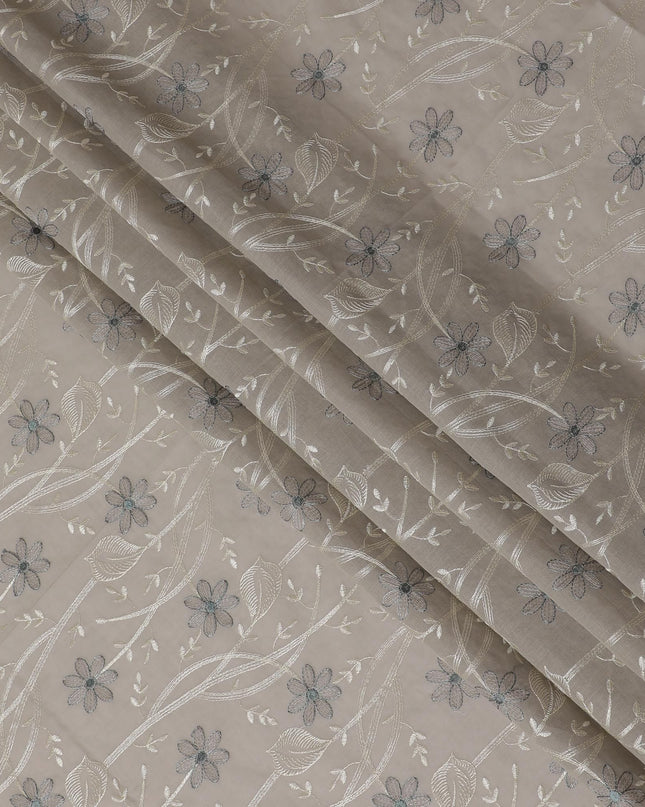 Silvery Moonlight Embroidered Cotton Lawn Fabric - Ethereal Grey with Blue Florals, 110cm Width-D18756