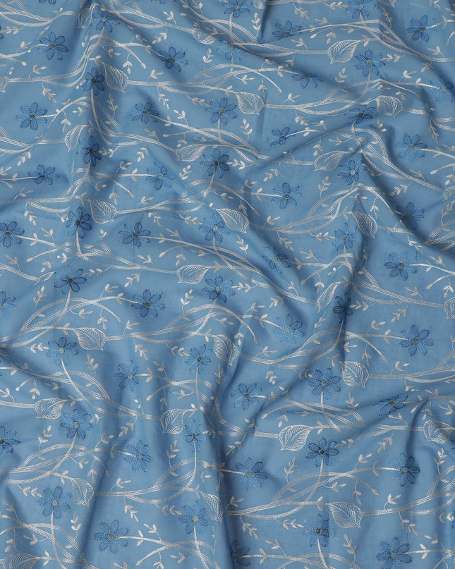 Sapphire Dreams Embroidered Cotton Lawn Fabric - Rich Blue with Silver Motifs, 110cm Width-D18757