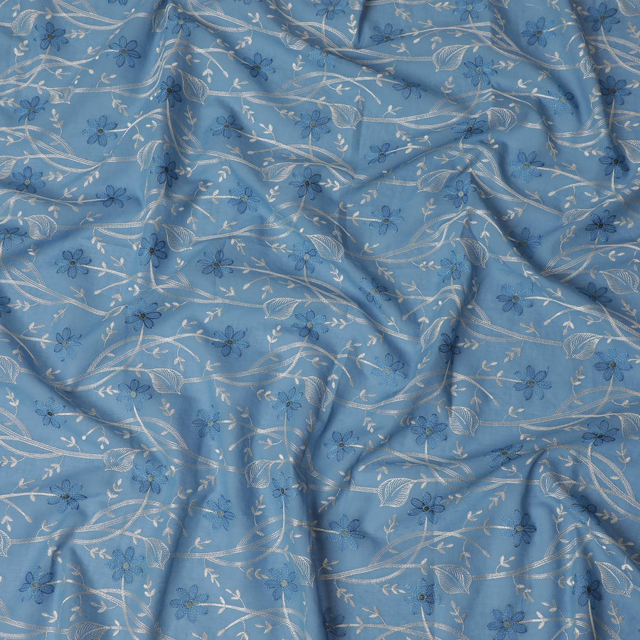 Sapphire Dreams Embroidered Cotton Lawn Fabric - Rich Blue with Silver Motifs, 110cm Width-D18757