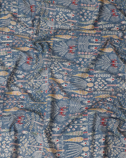 Mystical Winter Cotton Lawn Fabric - Slate Blue with Red & Cream Folklore Patterns, 110cm Width-D18760