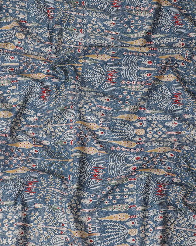 Mystical Winter Cotton Lawn Fabric - Slate Blue with Red & Cream Folklore Patterns, 110cm Width-D18760