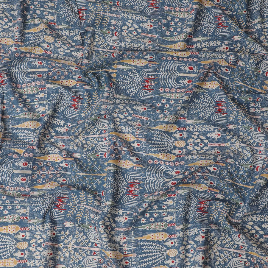 Mystical Winter Cotton Lawn Fabric - Slate Blue with Red & Cream Folklore Patterns, 110cm Width-D18760 - Regal Fabrics