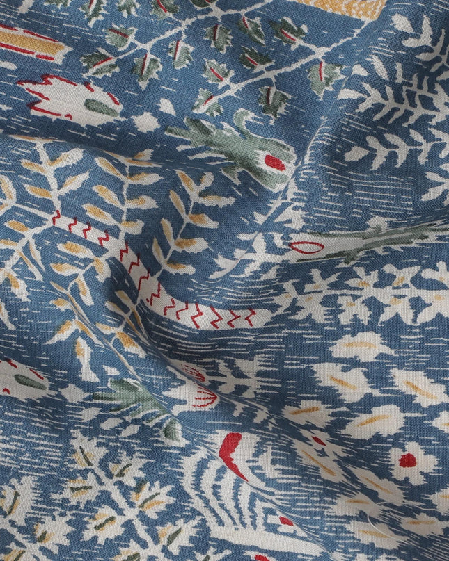 Mystical Winter Cotton Lawn Fabric - Slate Blue with Red & Cream Folklore Patterns, 110cm Width-D18760