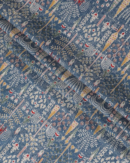 Mystical Winter Cotton Lawn Fabric - Slate Blue with Red & Cream Folklore Patterns, 110cm Width-D18760