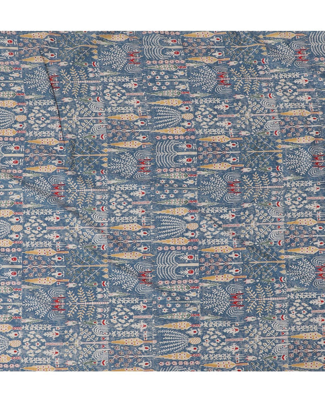 Mystical Winter Cotton Lawn Fabric - Slate Blue with Red & Cream Folklore Patterns, 110cm Width-D18760