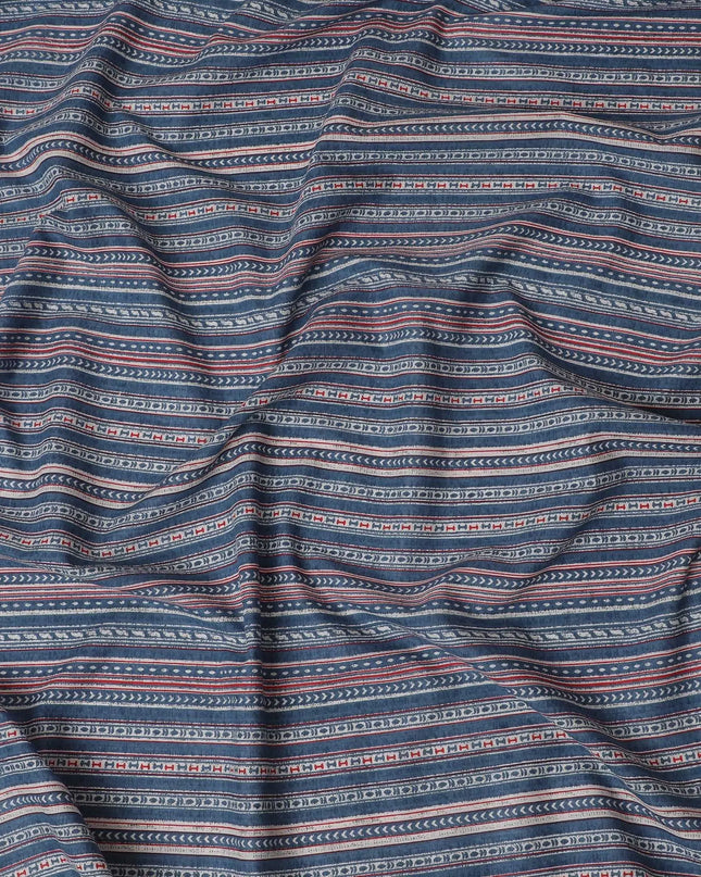 Global Tapestry Printed Cotton Lawn Fabric - Indigo and Red Geometric Stripes, 110cm Width-D18761 Regal Fabrics