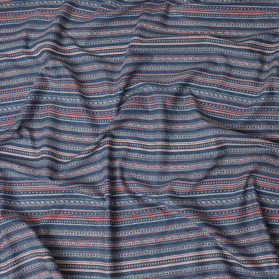 Global Tapestry Printed Cotton Lawn Fabric - Indigo and Red Geometric Stripes, 110cm Width-D18761 - Regal Fabrics