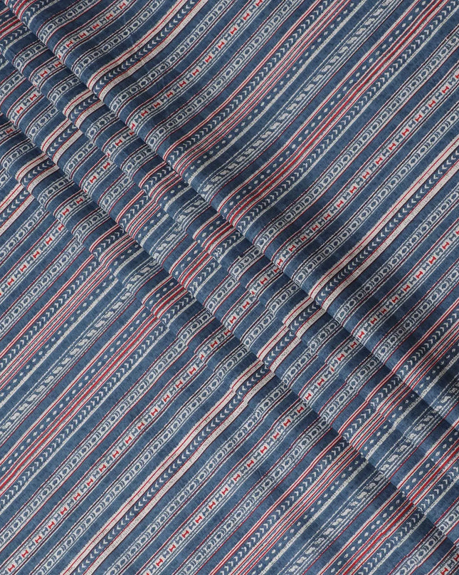 Global Tapestry Printed Cotton Lawn Fabric - Indigo and Red Geometric Stripes, 110cm Width-D18761 Regal Fabrics