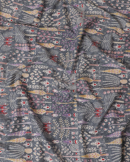 Charcoal Folklore Cotton Lawn Fabric - Eclectic Grey with Vibrant Ethnic Accents, 110cm Width-D18762