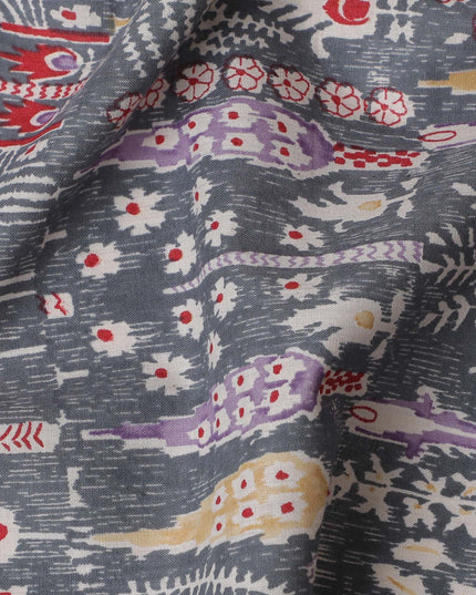 Charcoal Folklore Cotton Lawn Fabric - Eclectic Grey with Vibrant Ethnic Accents, 110cm Width-D18762