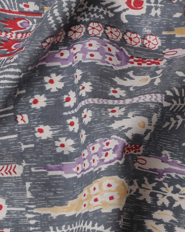 Charcoal Folklore Cotton Lawn Fabric - Eclectic Grey with Vibrant Ethnic Accents, 110cm Width-D18762