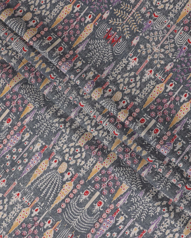 Charcoal Folklore Cotton Lawn Fabric - Eclectic Grey with Vibrant Ethnic Accents, 110cm Width-D18762