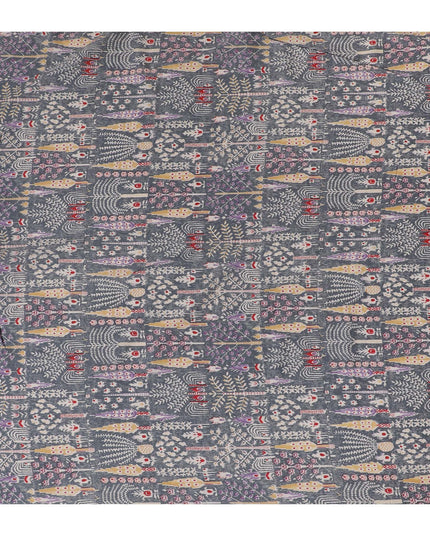 Charcoal Folklore Cotton Lawn Fabric - Eclectic Grey with Vibrant Ethnic Accents, 110cm Width-D18762