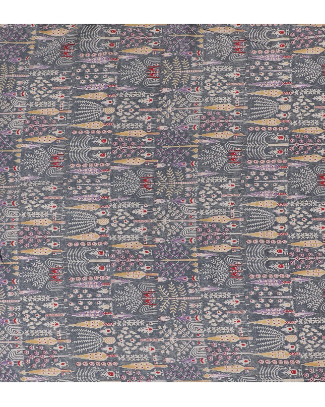 Charcoal Folklore Cotton Lawn Fabric - Eclectic Grey with Vibrant Ethnic Accents, 110cm Width-D18762