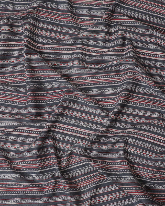 Global Rhythms Cotton Lawn Fabric - Charcoal with Red and White Striped Patterns, 110cm Width-D18763