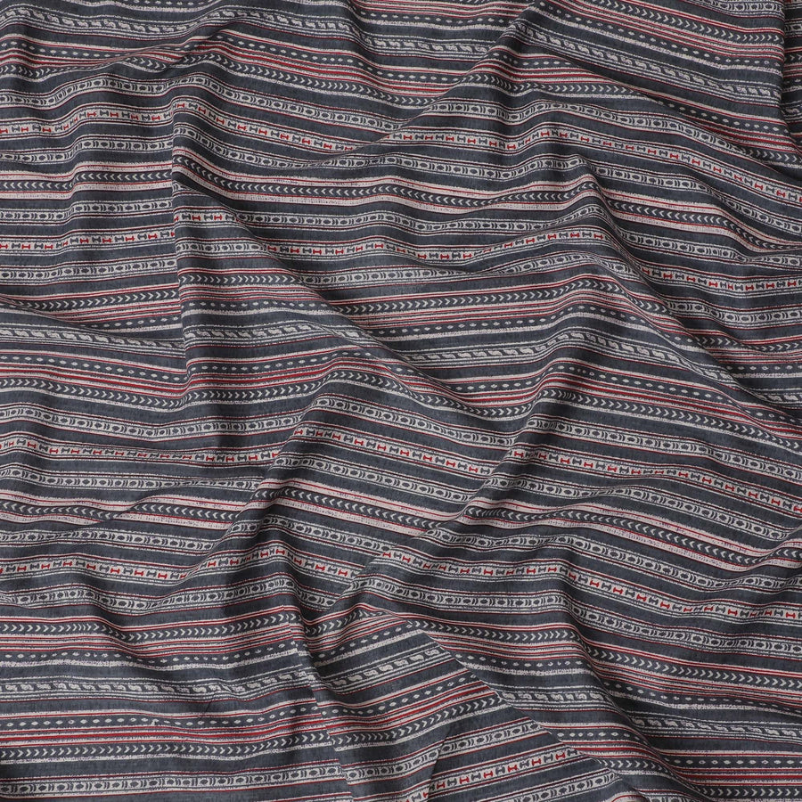 Global Rhythms Cotton Lawn Fabric - Charcoal with Red and White Striped Patterns, 110cm Width-D18763