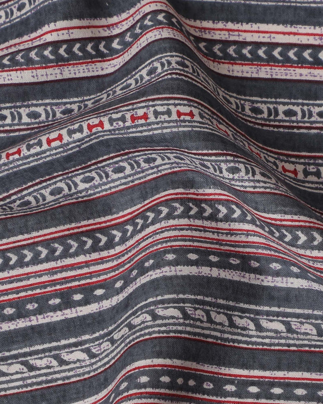 Global Rhythms Cotton Lawn Fabric - Charcoal with Red and White Striped Patterns, 110cm Width-D18763