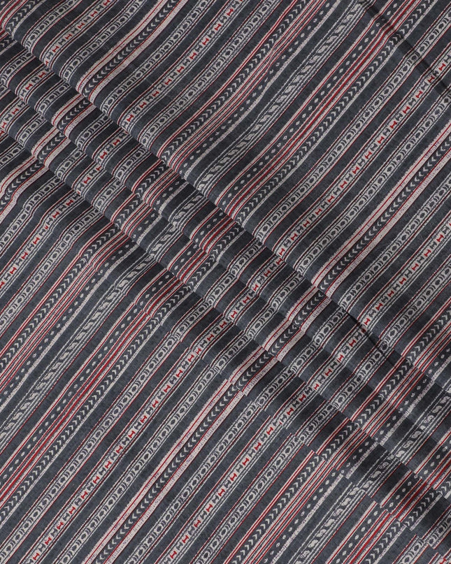 Global Rhythms Cotton Lawn Fabric - Charcoal with Red and White Striped Patterns, 110cm Width-D18763