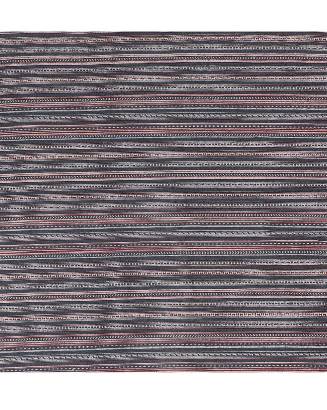 Global Rhythms Cotton Lawn Fabric - Charcoal with Red and White Striped Patterns, 110cm Width-D18763