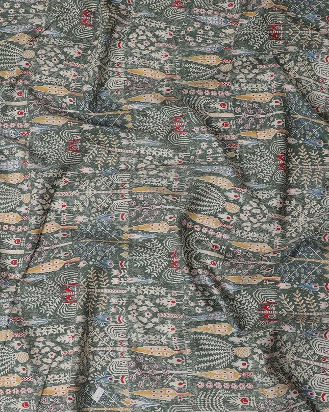 Heritage Mosaic Cotton Lawn Fabric - Monochrome Palette with Colorful Folk Accents, 110cm Width-D18764