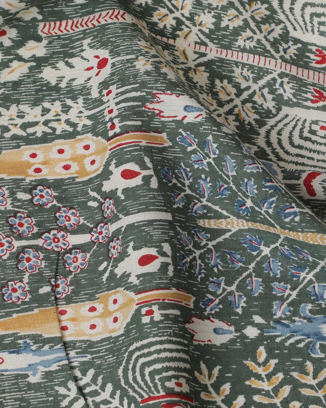 Heritage Mosaic Cotton Lawn Fabric - Monochrome Palette with Colorful Folk Accents, 110cm Width-D18764