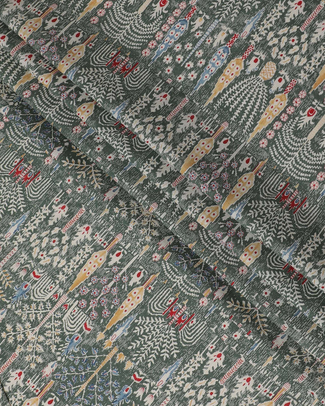 Heritage Mosaic Cotton Lawn Fabric - Monochrome Palette with Colorful Folk Accents, 110cm Width-D18764