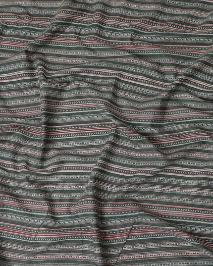 Tribal Echoes Cotton Lawn Fabric - Charcoal with Intricate Red and White Patterns, 110cm Width-D18765