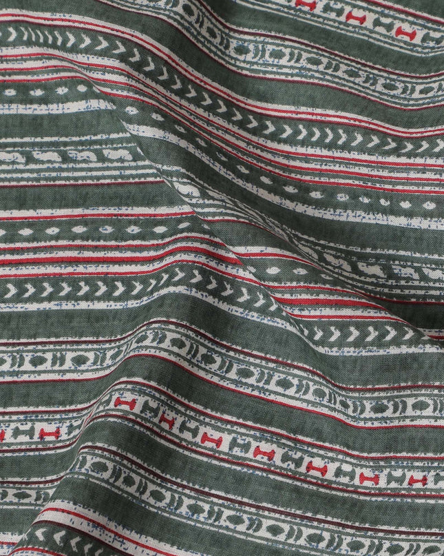 Tribal Echoes Cotton Lawn Fabric - Charcoal with Intricate Red and White Patterns, 110cm Width-D18765