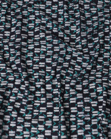 Geometric Aqua Wave Cotton Lawn Fabric - Contemporary Teal & Black Design, 110cm Width-D18768