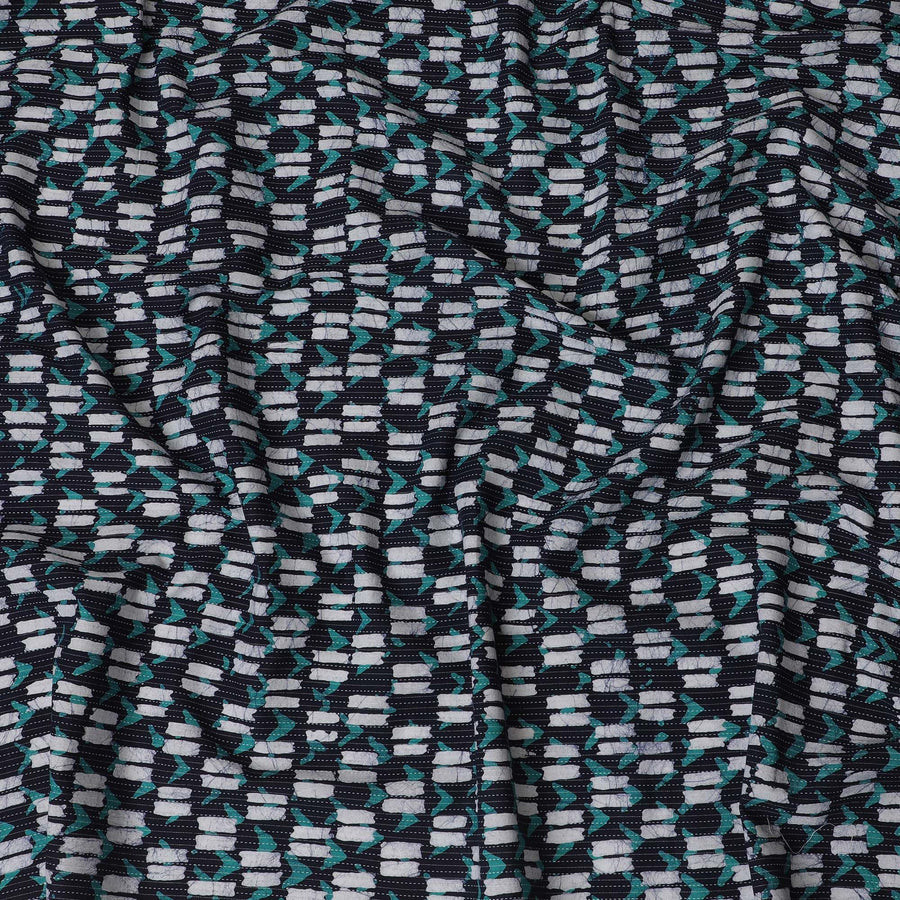 Geometric Aqua Wave Cotton Lawn Fabric - Contemporary Teal & Black Design, 110cm Width-D18768