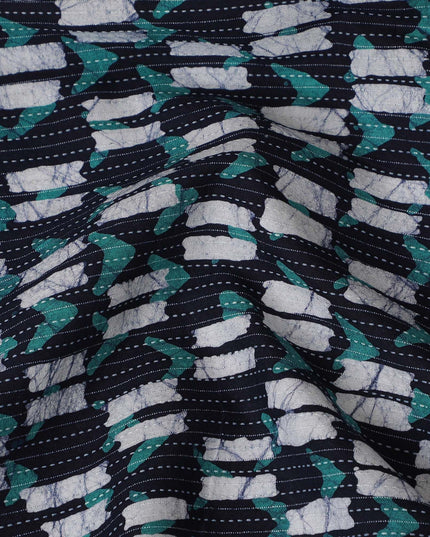 Geometric Aqua Wave Cotton Lawn Fabric - Contemporary Teal & Black Design, 110cm Width-D18768