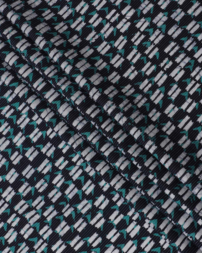 Geometric Aqua Wave Cotton Lawn Fabric - Contemporary Teal & Black Design, 110cm Width-D18768