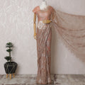 Luxurious Peach-Toned French Metallic Chantilly Lace Saree with Sparkling Stone Embellishments, 110cm Wide - 5.5m Piece-D18837 - Regal Fabrics