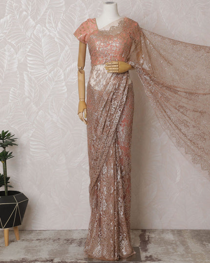 Luxurious Peach-Toned French Metallic Chantilly Lace Saree with Sparkling Stone Embellishments, 110cm Wide - 5.5m Piece-D18837 - Regal Fabrics