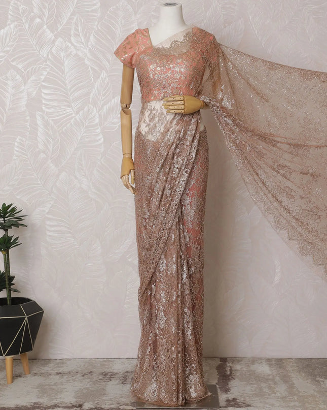 Luxurious Peach-Toned French Metallic Chantilly Lace Saree with Sparkling Stone Embellishments, 110cm Wide - 5.5m Piece-D18837 Regal Fabrics