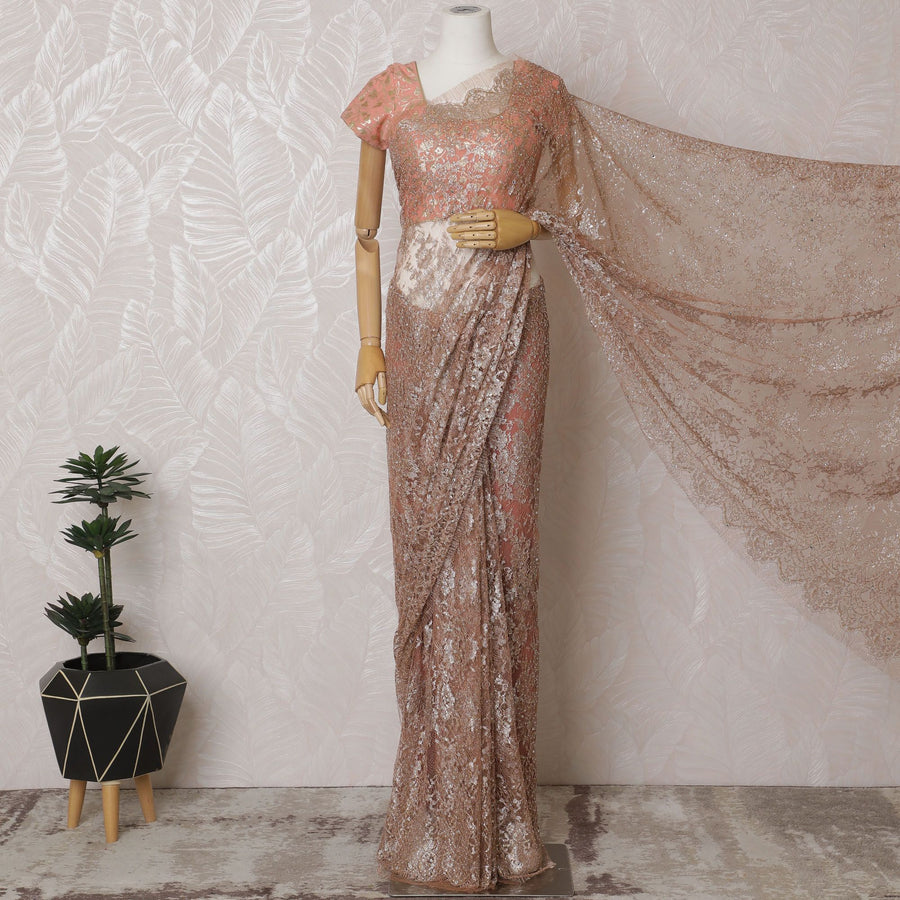 Luxurious Peach-Toned French Metallic Chantilly Lace Saree with Sparkling Stone Embellishments, 110cm Wide - 5.5m Piece-D18837 - Regal Fabrics