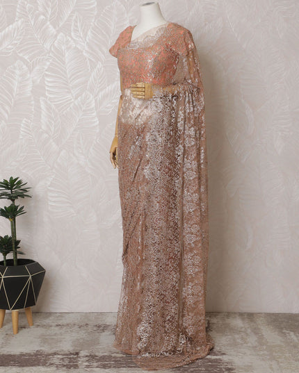 Luxurious Peach-Toned French Metallic Chantilly Lace Saree with Sparkling Stone Embellishments, 110cm Wide - 5.5m Piece-D18837 - Regal Fabrics