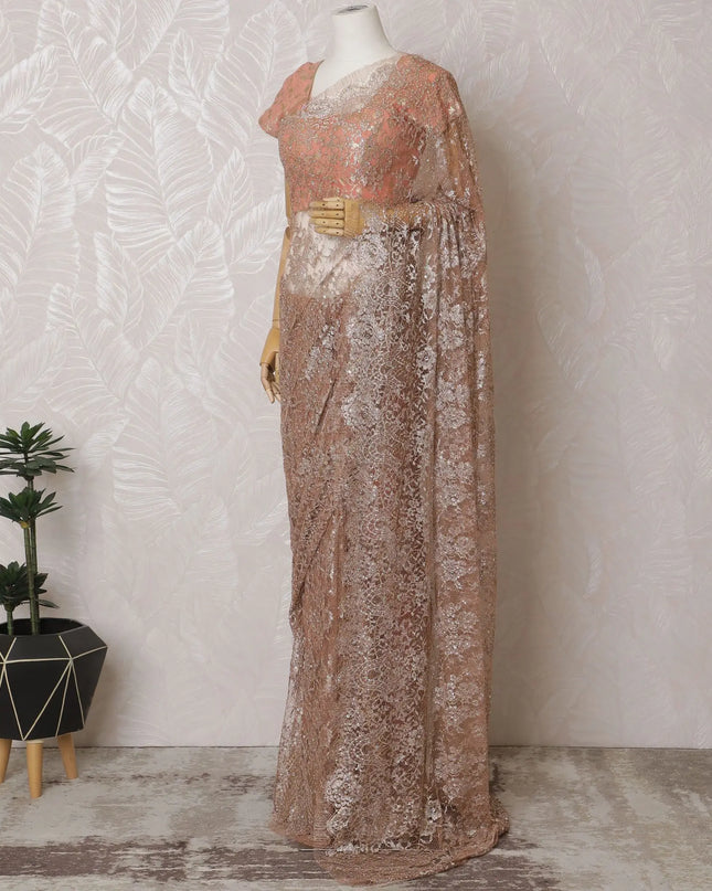 Luxurious Peach-Toned French Metallic Chantilly Lace Saree with Sparkling Stone Embellishments, 110cm Wide - 5.5m Piece-D18837 Regal Fabrics