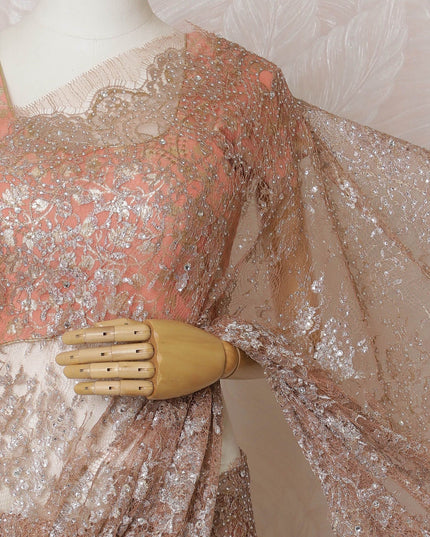 Luxurious Peach-Toned French Metallic Chantilly Lace Saree with Sparkling Stone Embellishments, 110cm Wide - 5.5m Piece-D18837 - Regal Fabrics