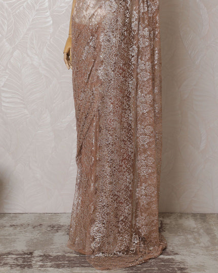 Luxurious Peach-Toned French Metallic Chantilly Lace Saree with Sparkling Stone Embellishments, 110cm Wide - 5.5m Piece-D18837 - Regal Fabrics